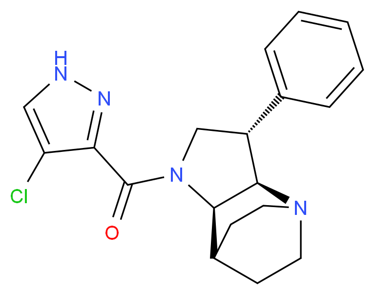(2R*,3S*,6R*)-5-[(4-chloro-1H-pyrazol-3-yl)carbonyl]-3-phenyl-1,5-diazatricyclo[5.2.2.0~2,6~]undecane_分子结构_CAS_)
