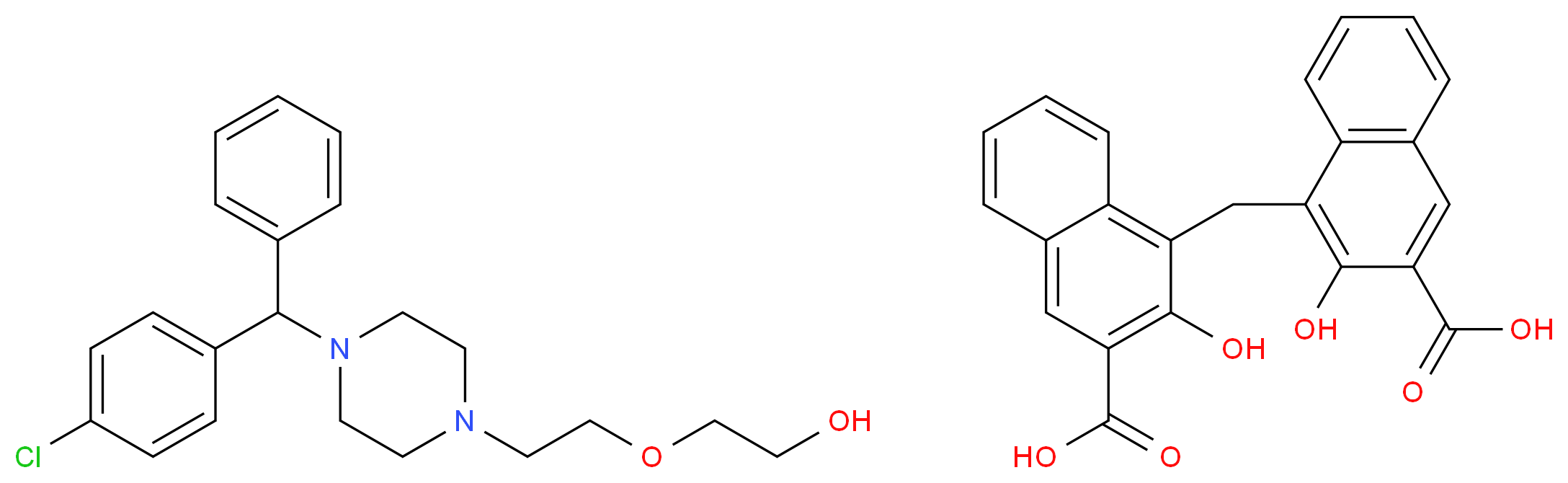 2-(2-{4-[(4-chlorophenyl)(phenyl)methyl]piperazin-1-yl}ethoxy)ethan-1-ol; 4-[(3-carboxy-2-hydroxynaphthalen-1-yl)methyl]-3-hydroxynaphthalene-2-carboxylic acid_分子结构_CAS_10246-75-0