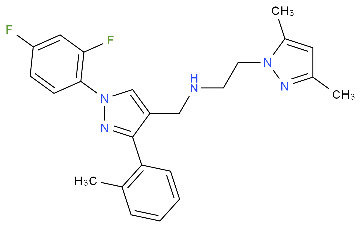 N-{[1-(2,4-difluorophenyl)-3-(2-methylphenyl)-1H-pyrazol-4-yl]methyl}-2-(3,5-dimethyl-1H-pyrazol-1-yl)ethanamine_分子结构_CAS_)