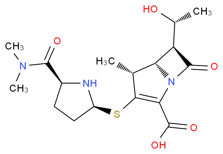 (4R,5S,6S)-3-{[(2S,5S)-5-(dimethylcarbamoyl)pyrrolidin-2-yl]sulfanyl}-6-[(1R)-1-hydroxyethyl]-4-methyl-7-oxo-1-azabicyclo[3.2.0]hept-2-ene-2-carboxylic acid_分子结构_CAS_96036-03-2