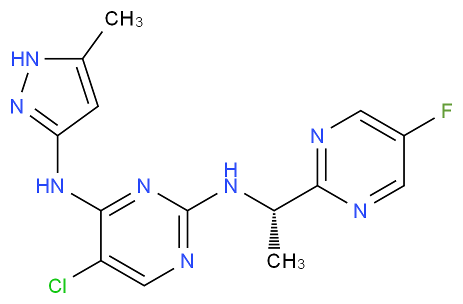 5-chloro-2-N-[(1S)-1-(5-fluoropyrimidin-2-yl)ethyl]-4-N-(5-methyl-1H-pyrazol-3-yl)pyrimidine-2,4-diamine_分子结构_CAS_935666-88-9