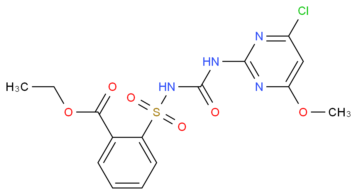 ethyl 2-({[(4-chloro-6-methoxypyrimidin-2-yl)carbamoyl]amino}sulfonyl)benzoate_分子结构_CAS_90982-32-4