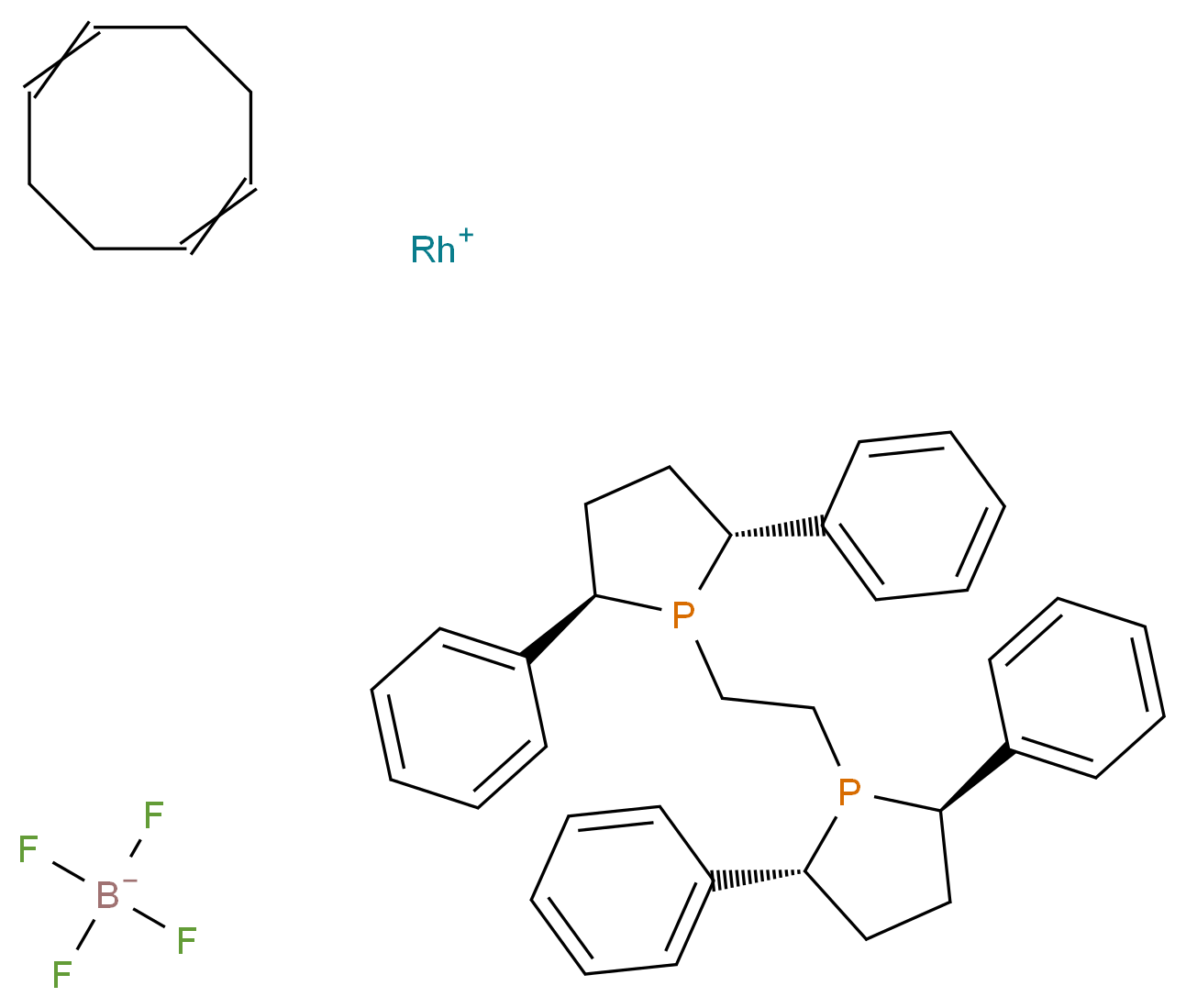 λ<sup>1</sup>-rhodium(1+) ion (2R,5R)-1-{2-[(2R,5R)-2,5-diphenylphospholan-1-yl]ethyl}-2,5-diphenylphospholane cycloocta-1,5-diene tetrafluoroboranuide_分子结构_CAS_528565-84-6