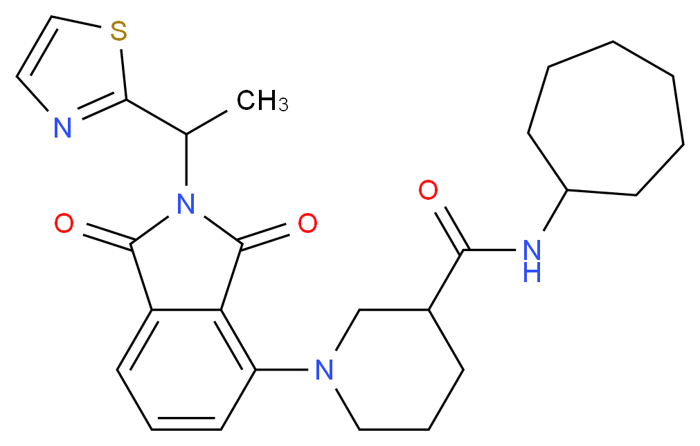 N-cycloheptyl-1-{1,3-dioxo-2-[1-(1,3-thiazol-2-yl)ethyl]-2,3-dihydro-1H-isoindol-4-yl}-3-piperidinecarboxamide_分子结构_CAS_)