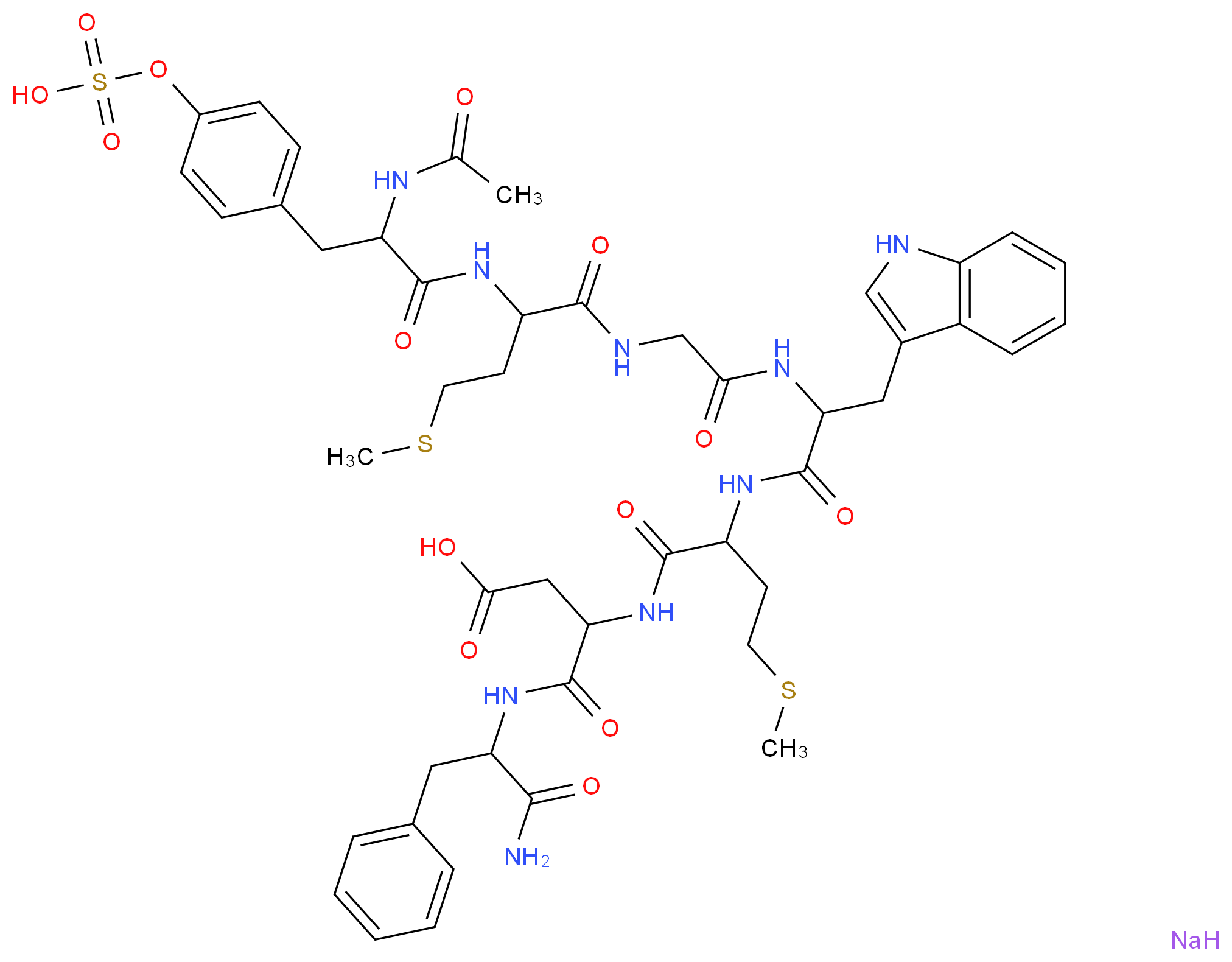 3-[(1-carbamoyl-2-phenylethyl)carbamoyl]-3-(2-{2-[2-(2-{2-acetamido-3-[4-(sulfooxy)phenyl]propanamido}-4-(methylsulfanyl)butanamido)acetamido]-3-(1H-indol-3-yl)propanamido}-4-(methylsulfanyl)butanamido)propanoic acid sodium_分子结构_CAS_77275-51-5
