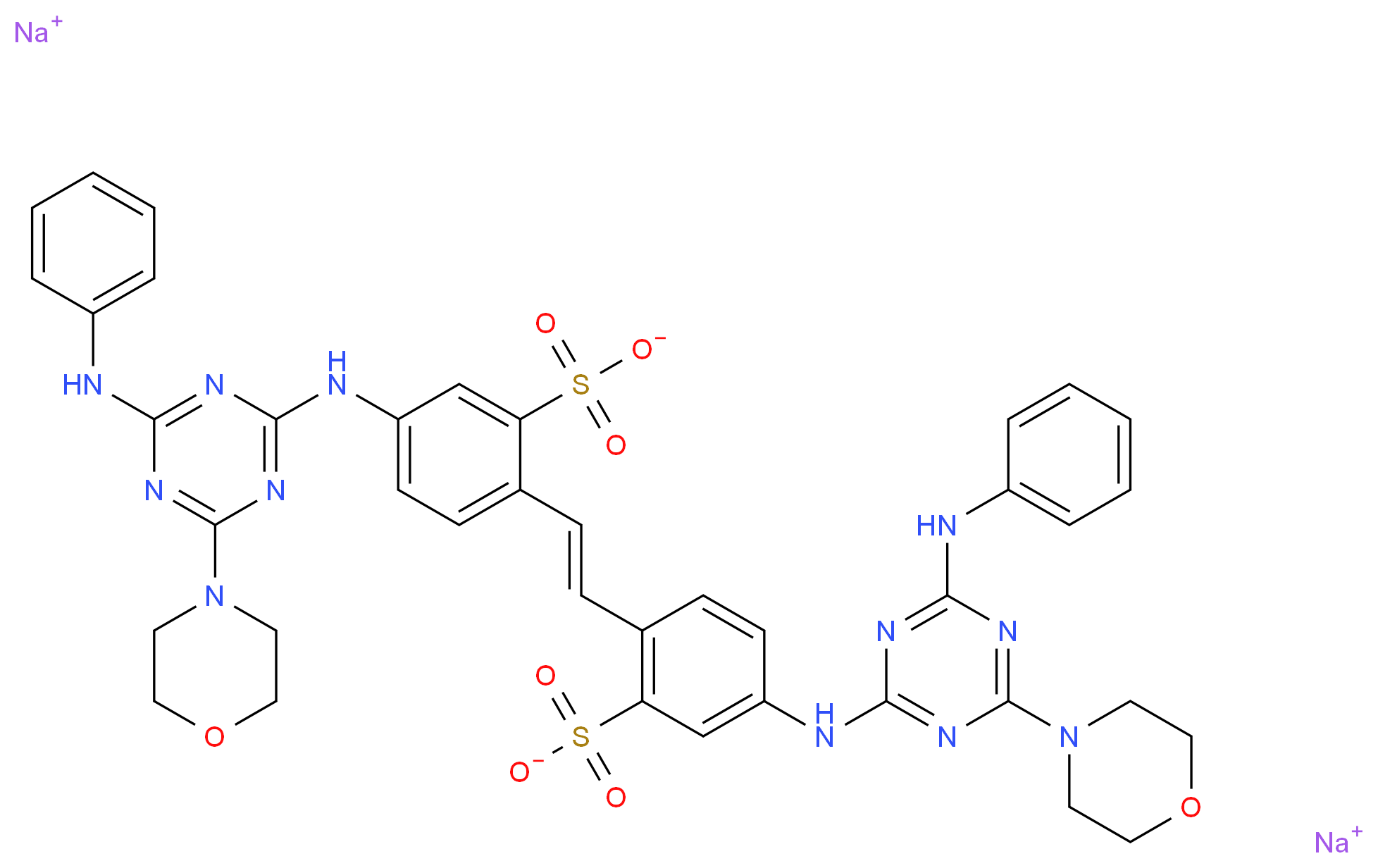 disodium 5-{[4-(morpholin-4-yl)-6-(phenylamino)-1,3,5-triazin-2-yl]amino}-2-[(E)-2-(4-{[4-(morpholin-4-yl)-6-(phenylamino)-1,3,5-triazin-2-yl]amino}-2-sulfonatophenyl)ethenyl]benzene-1-sulfonate_分子结构_CAS_16090-02-1