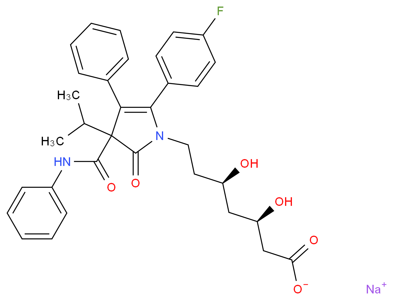 sodium (3R,5R)-7-[5-(4-fluorophenyl)-2-oxo-4-phenyl-3-(phenylcarbamoyl)-3-(propan-2-yl)-2,3-dihydro-1H-pyrrol-1-yl]-3,5-dihydroxyheptanoate_分子结构_CAS_148217-40-7