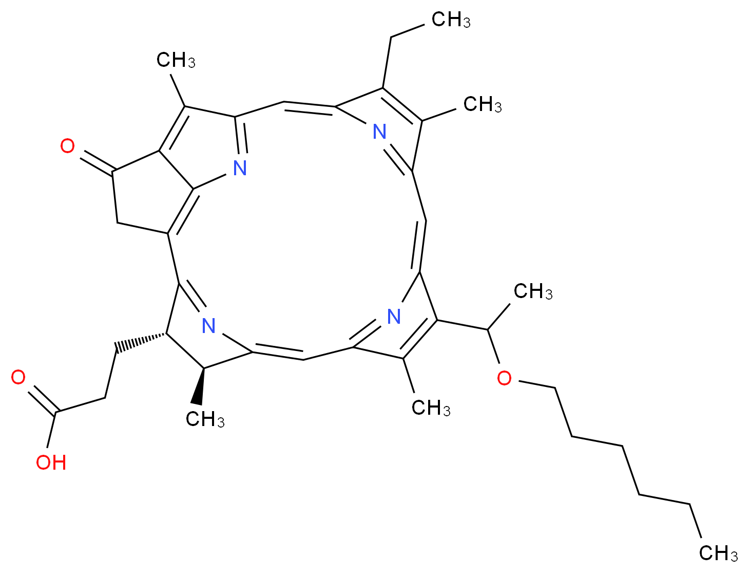 3-[(21S,22S)-11-ethyl-16-[1-(hexyloxy)ethyl]-12,17,21,26-tetramethyl-4-oxo-7,23,24,25-tetraazahexacyclo[18.2.1.1<sup>5</sup>,<sup>8</sup>.1<sup>1</sup><sup>0</sup>,<sup>1</sup><sup>3</sup>.1<sup>1</sup><sup>5</sup>,<sup>1</sup><sup>8</sup>.0<sup>2</sup>,<sup>6</sup>]hexacosa-1(23),2(6),5(26),7,9,11,13(25),14,16,18(24),19-undecaen-22-yl]propanoic acid_分子结构_CAS_149402-51-7