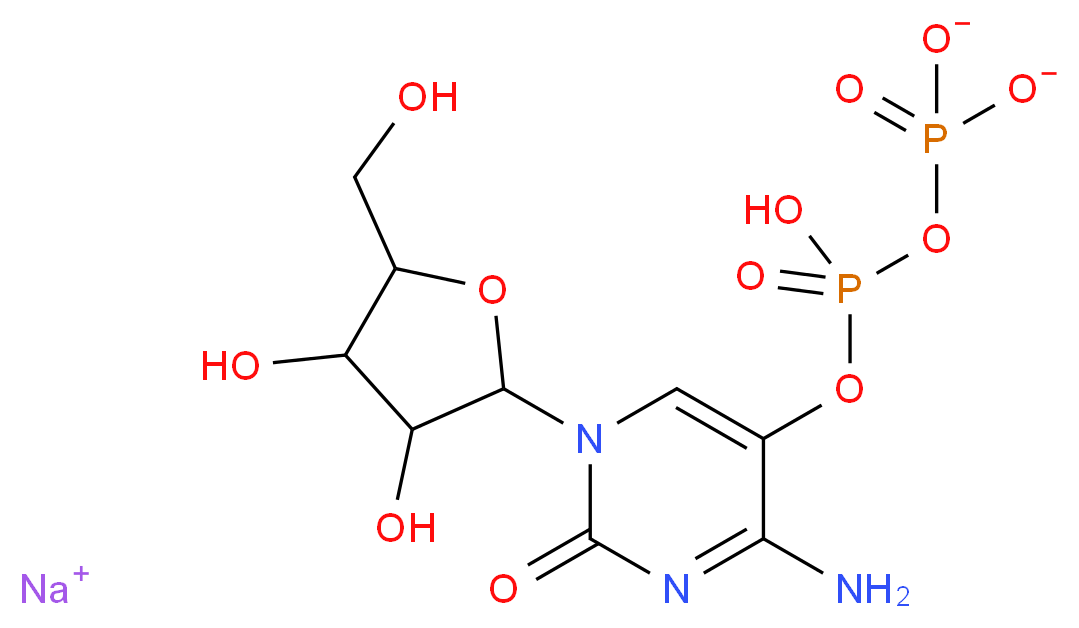 sodium 1-{4-amino-1-[3,4-dihydroxy-5-(hydroxymethyl)oxolan-2-yl]-2-oxo-1,2-dihydropyrimidin-5-yl}-P-(phosphonatooxy)oxidanephosphinic acid_分子结构_CAS_54394-90-0