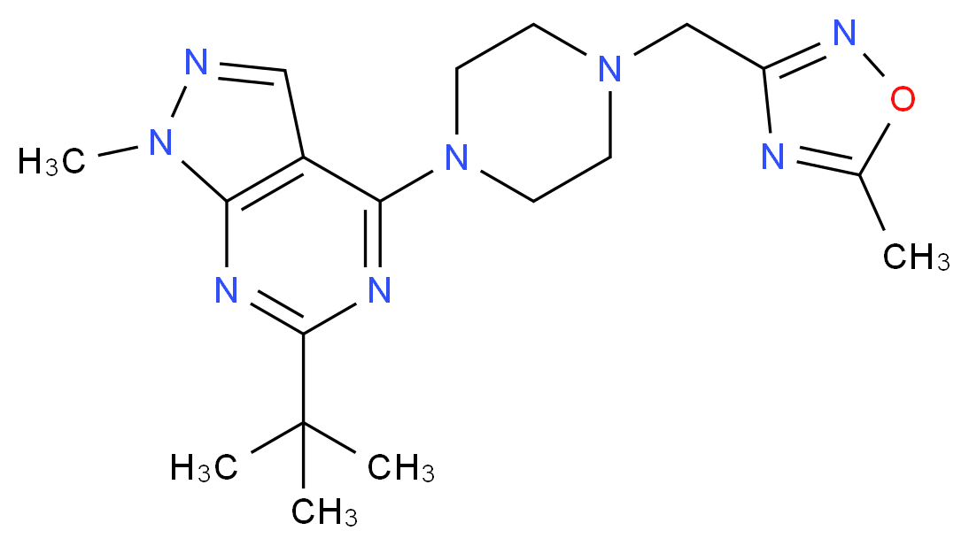 6-tert-butyl-1-methyl-4-{4-[(5-methyl-1,2,4-oxadiazol-3-yl)methyl]-1-piperazinyl}-1H-pyrazolo[3,4-d]pyrimidine_分子结构_CAS_)