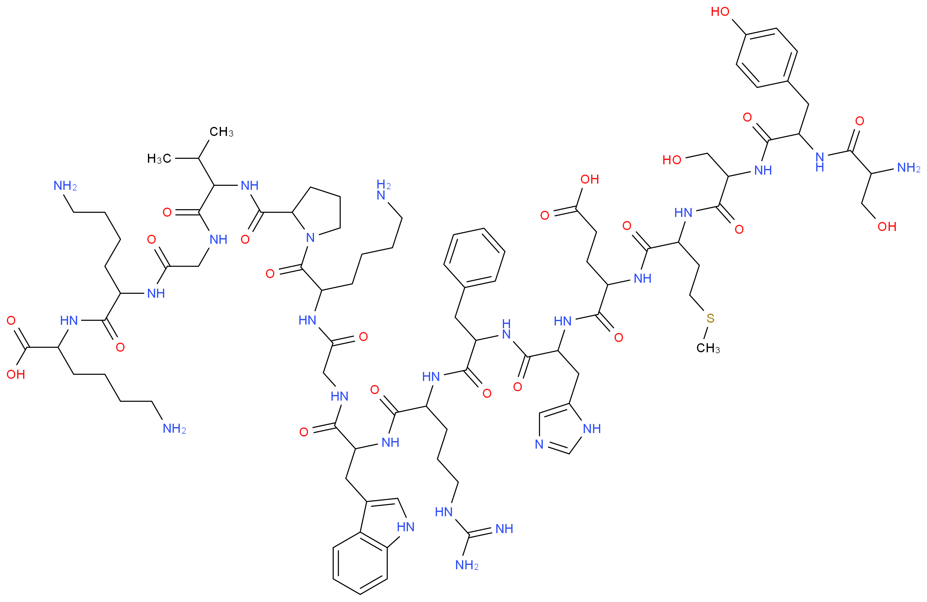 6-amino-2-(6-amino-2-{2-[2-({1-[6-amino-2-(2-{2-[2-(2-{2-[2-(2-{2-[2-(2-amino-3-hydroxypropanamido)-3-(4-hydroxyphenyl)propanamido]-3-hydroxypropanamido}-4-(methylsulfanyl)butanamido)-4-carboxybutanamido]-3-(1H-imidazol-5-yl)propanamido}-3-phenylpropanamido)-5-carbamimidamidopentanamido]-3-(1H-indol-3-yl)propanamido}acetamido)hexanoyl]pyrrolidin-2-yl}formamido)-3-methylbutanamido]acetamido}hexanamido)hexanoic acid_分子结构_CAS_5576-42-1