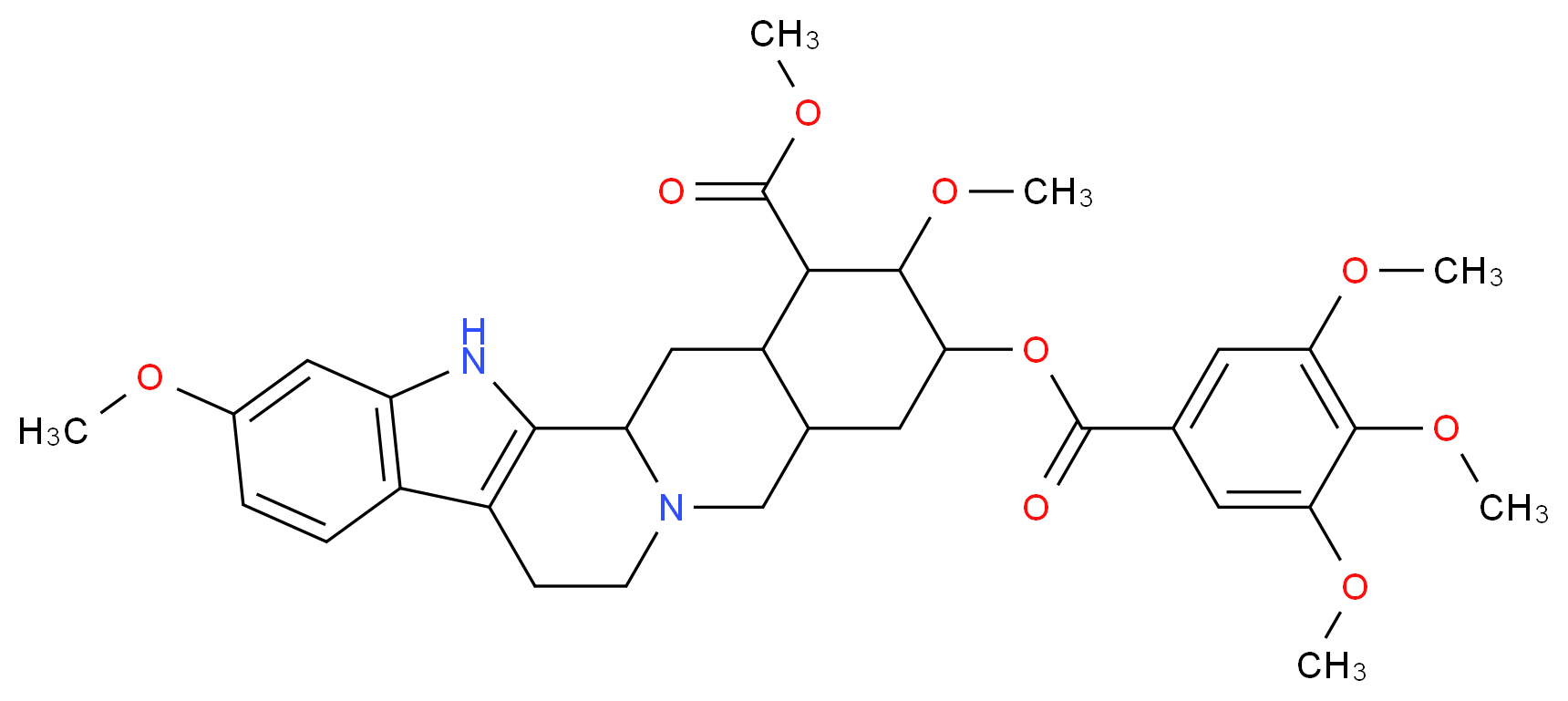 methyl 6,18-dimethoxy-17-(3,4,5-trimethoxybenzoyloxy)-3,13-diazapentacyclo[11.8.0.0^{2,10}.0^{4,9}.0^{15,20}]henicosa-2(10),4,6,8-tetraene-19-carboxylate_分子结构_CAS_50-55-5