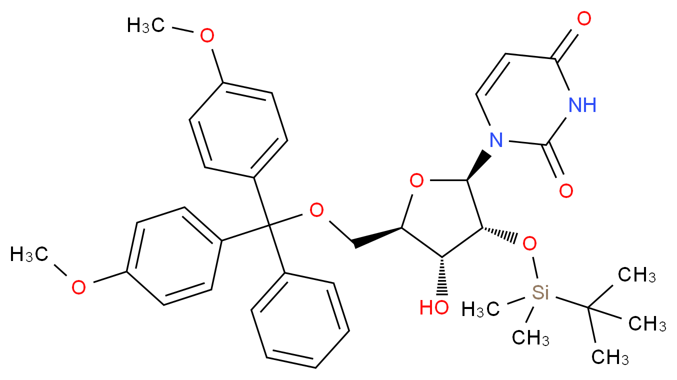 1-[(2R,3R,4R,5R)-5-{[bis(4-methoxyphenyl)(phenyl)methoxy]methyl}-3-[(tert-butyldimethylsilyl)oxy]-4-hydroxyoxolan-2-yl]-1,2,3,4-tetrahydropyrimidine-2,4-dione_分子结构_CAS_81246-80-2