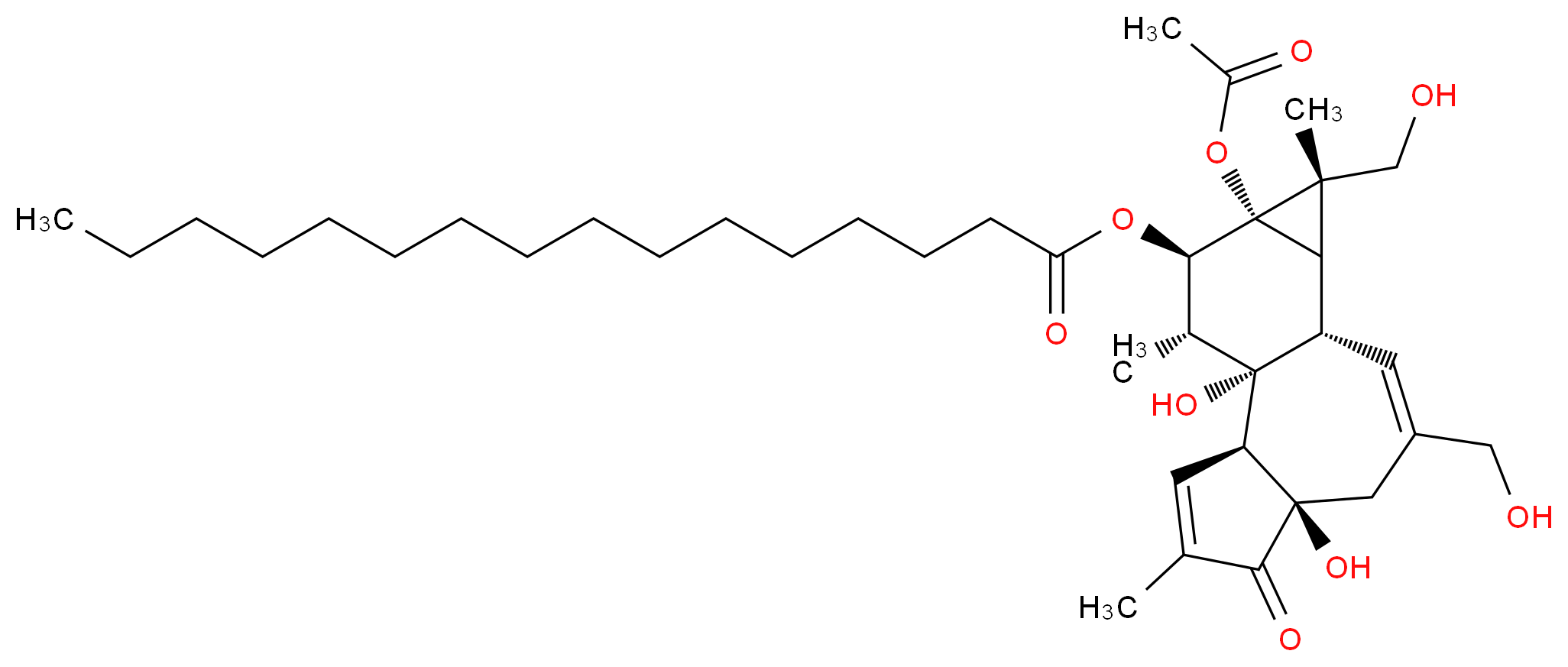 (1S,2S,6R,10S,11R,12S,13S,14R,15R)-13-(acetyloxy)-1,6-dihydroxy-8,12-bis(hydroxymethyl)-4,12,15-trimethyl-5-oxotetracyclo[8.5.0.0<sup>2</sup>,<sup>6</sup>.0<sup>1</sup><sup>1</sup>,<sup>1</sup><sup>3</sup>]pentadeca-3,8-dien-14-yl hexadecanoate_分子结构_CAS_53202-98-5