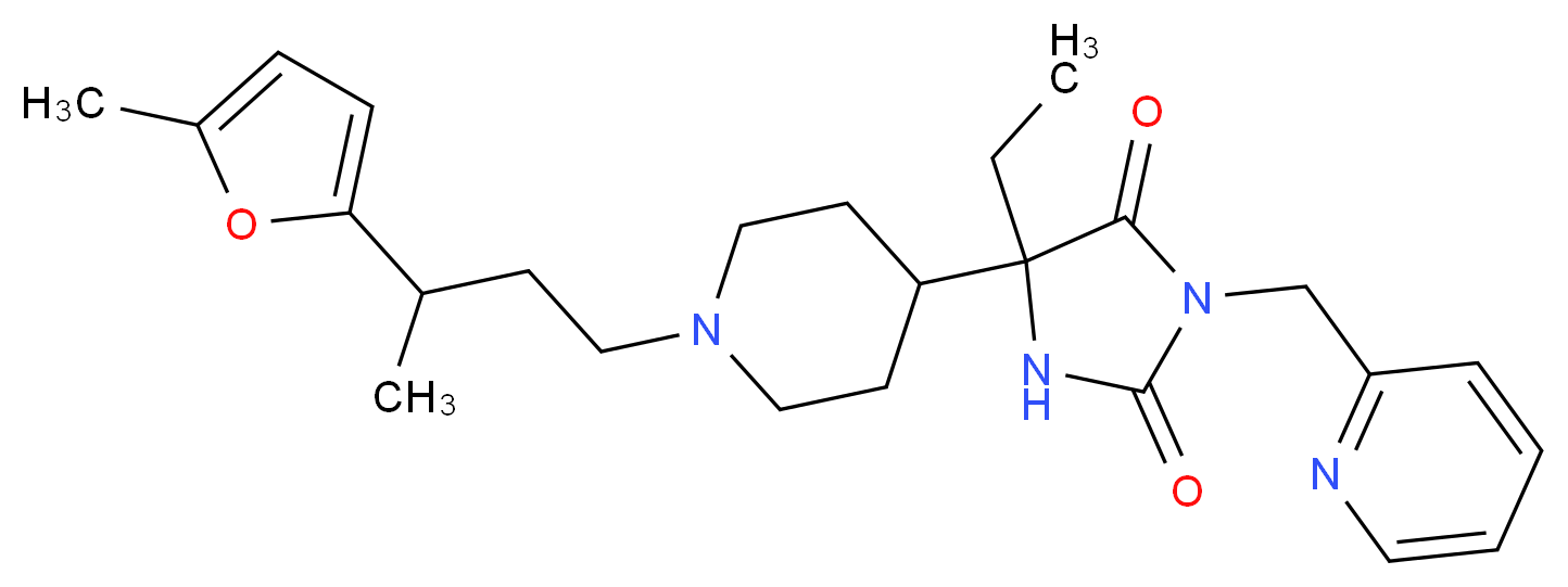 5-ethyl-5-{1-[3-(5-methyl-2-furyl)butyl]-4-piperidinyl}-3-(2-pyridinylmethyl)-2,4-imidazolidinedione_分子结构_CAS_)