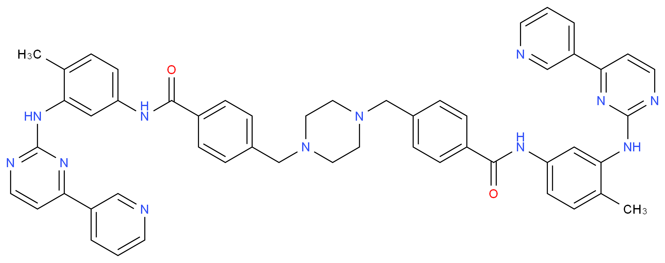 N-(4-methyl-3-{[4-(pyridin-3-yl)pyrimidin-2-yl]amino}phenyl)-4-{[4-({4-[(4-methyl-3-{[4-(pyridin-3-yl)pyrimidin-2-yl]amino}phenyl)carbamoyl]phenyl}methyl)piperazin-1-yl]methyl}benzamide_分子结构_CAS_1365802-18-1