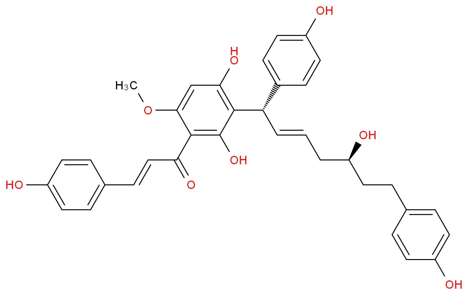 (2E)-1-{2,4-dihydroxy-3-[(1S,2E,5S)-5-hydroxy-1,7-bis(4-hydroxyphenyl)hept-2-en-1-yl]-6-methoxyphenyl}-3-(4-hydroxyphenyl)prop-2-en-1-one_分子结构_CAS_164991-53-1