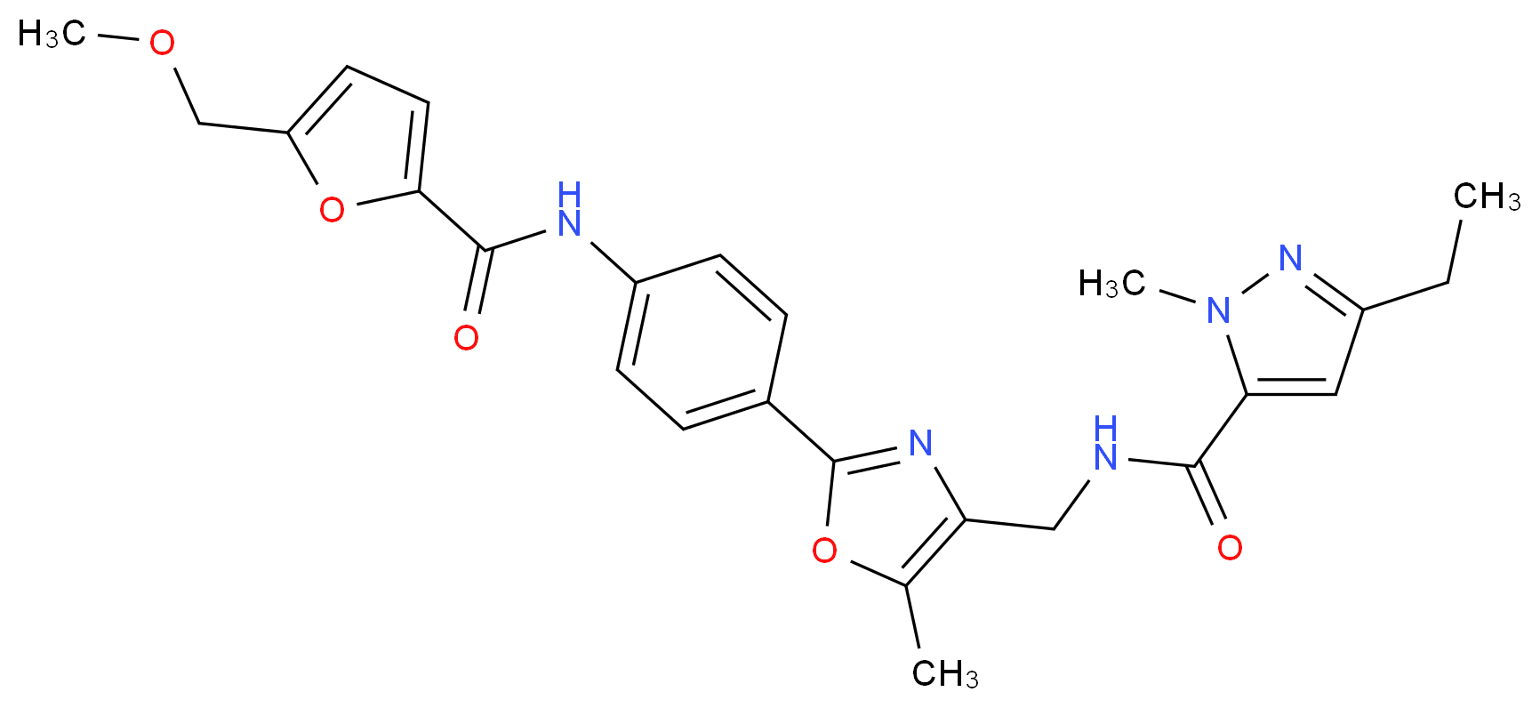 3-ethyl-N-{[2-(4-{[5-(methoxymethyl)-2-furoyl]amino}phenyl)-5-methyl-1,3-oxazol-4-yl]methyl}-1-methyl-1H-pyrazole-5-carboxamide_分子结构_CAS_)