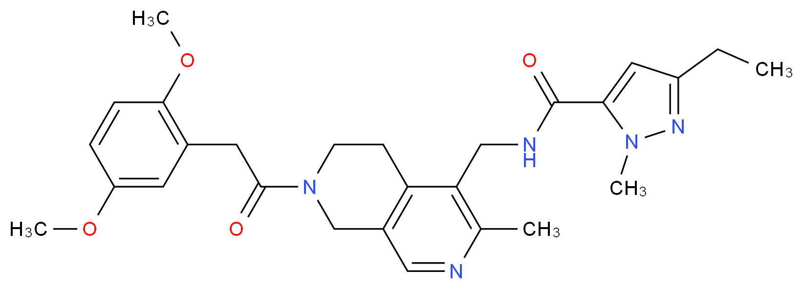 N-({7-[(2,5-dimethoxyphenyl)acetyl]-3-methyl-5,6,7,8-tetrahydro-2,7-naphthyridin-4-yl}methyl)-3-ethyl-1-methyl-1H-pyrazole-5-carboxamide_分子结构_CAS_)