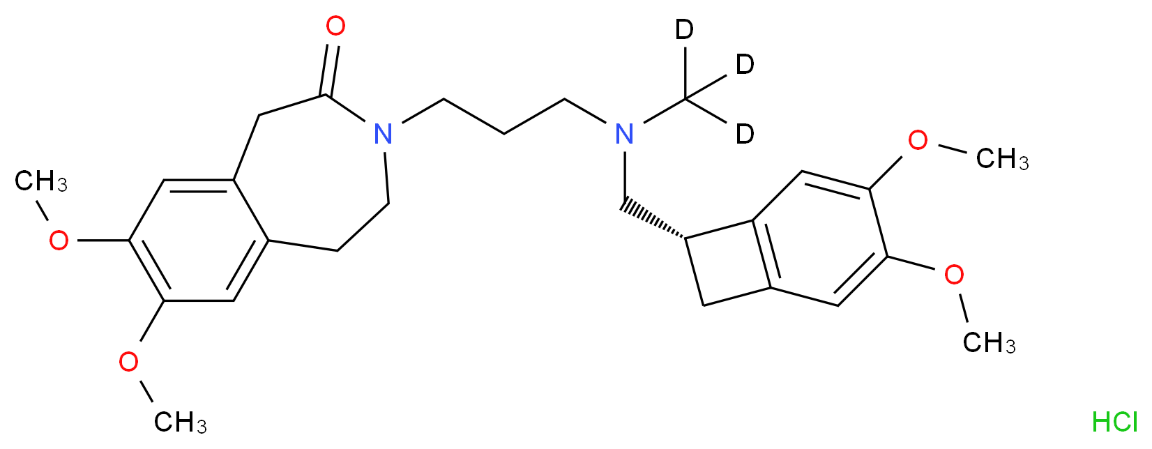 3-[3-({[(7S)-3,4-dimethoxybicyclo[4.2.0]octa-1(6),2,4-trien-7-yl]methyl}(<sup>2</sup>H<sub>3</sub>)methylamino)propyl]-7,8-dimethoxy-2,3,4,5-tetrahydro-1H-3-benzazepin-2-one hydrochloride_分子结构_CAS_1217809-61-4