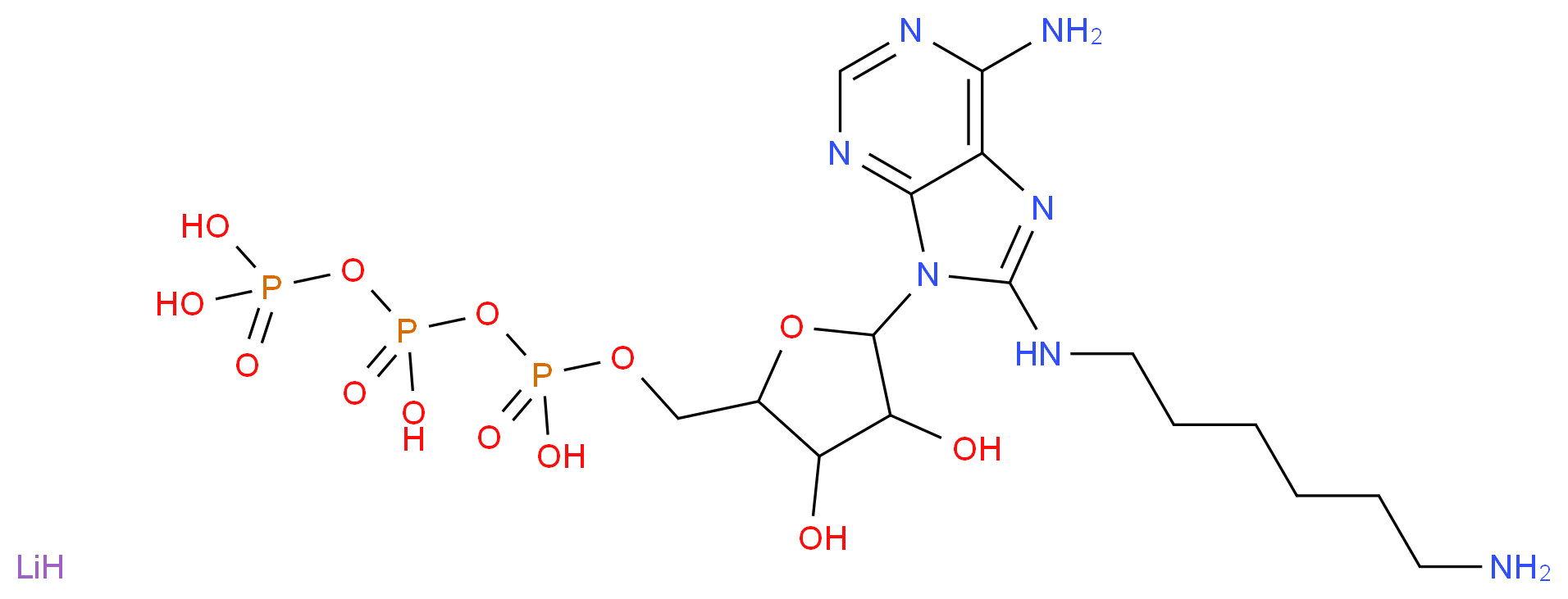 {[({[(5-{6-amino-8-[(6-aminohexyl)amino]-9H-purin-9-yl}-3,4-dihydroxyoxolan-2-yl)methoxy](hydroxy)phosphoryl}oxy)(hydroxy)phosphoryl]oxy}phosphonic acid lithium_分子结构_CAS_102029-46-9