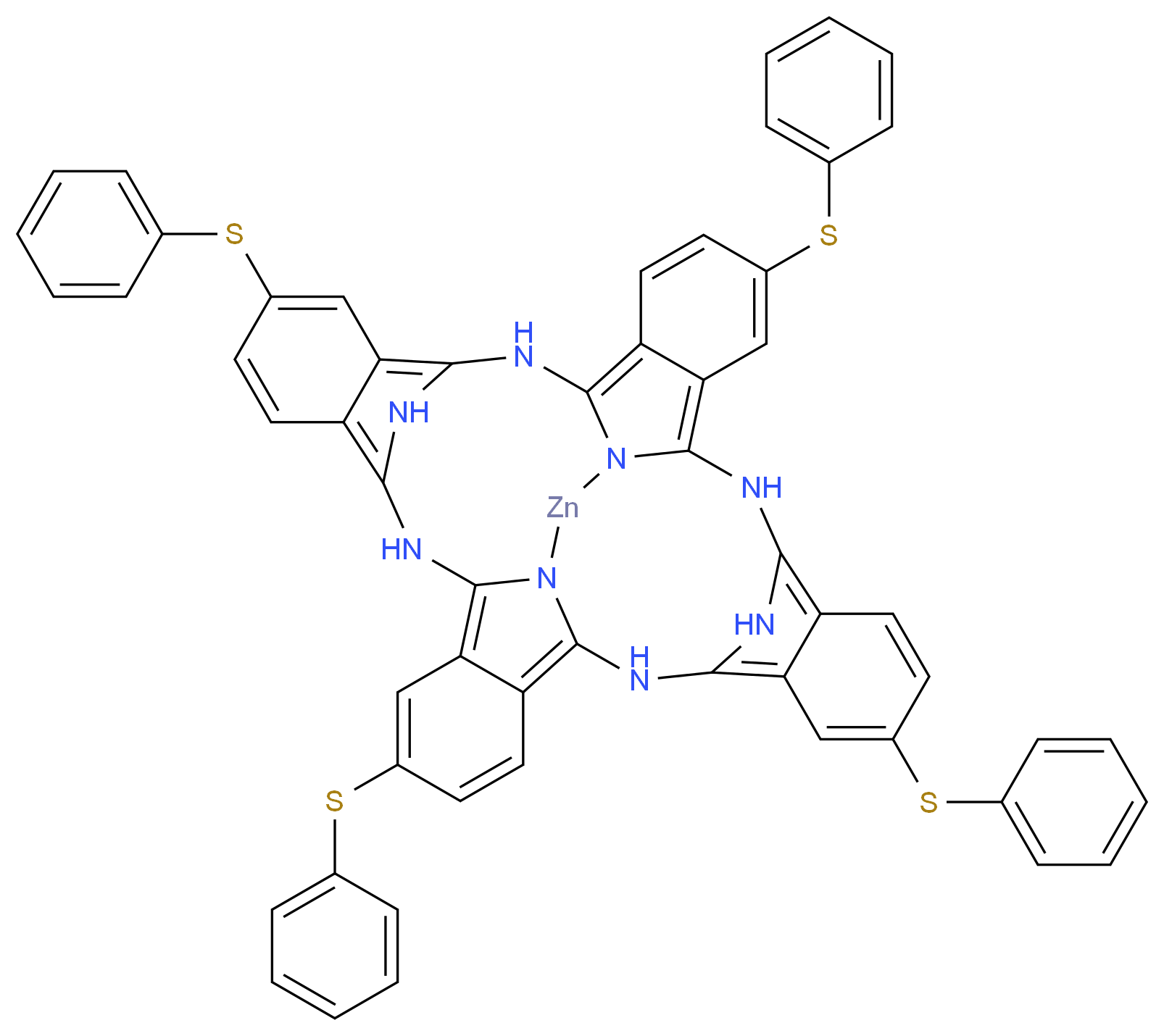 4,13,22,31-tetrakis(phenylsulfanyl)-9,18,27,36,37,39,40,41-octaaza-38-zincadecacyclo[17.17.3.1<sup>1</sup><sup>0</sup>,<sup>1</sup><sup>7</sup>.1<sup>2</sup><sup>8</sup>,<sup>3</sup><sup>5</sup>.0<sup>2</sup>,<sup>7</sup>.0<sup>8</sup>,<sup>3</sup><sup>7</sup>.0<sup>1</sup><sup>1</sup>,<sup>1</sup><sup>6</sup>.0<sup>2</sup><sup>0</sup>,<sup>2</sup><sup>5</sup>.0<sup>2</sup><sup>6</sup>,<sup>3</sup><sup>9</sup>.0<sup>2</sup><sup>9</sup>,<sup>3</sup><sup>4</sup>]hentetraconta-1,3,5,7,10,12,14,16,19,21,23,25,28,30,32,34-hexadecaene_分子结构_CAS_77447-43-9