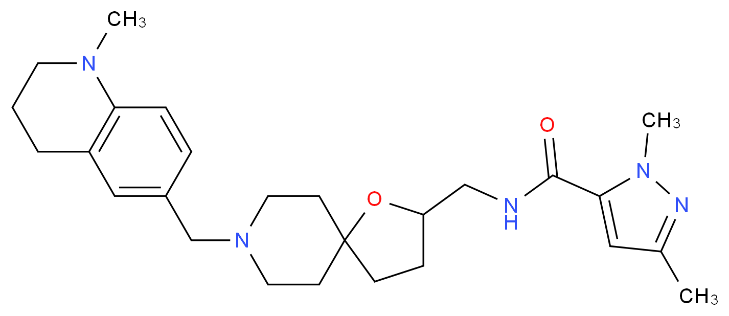 1,3-dimethyl-N-({8-[(1-methyl-1,2,3,4-tetrahydro-6-quinolinyl)methyl]-1-oxa-8-azaspiro[4.5]dec-2-yl}methyl)-1H-pyrazole-5-carboxamide_分子结构_CAS_)