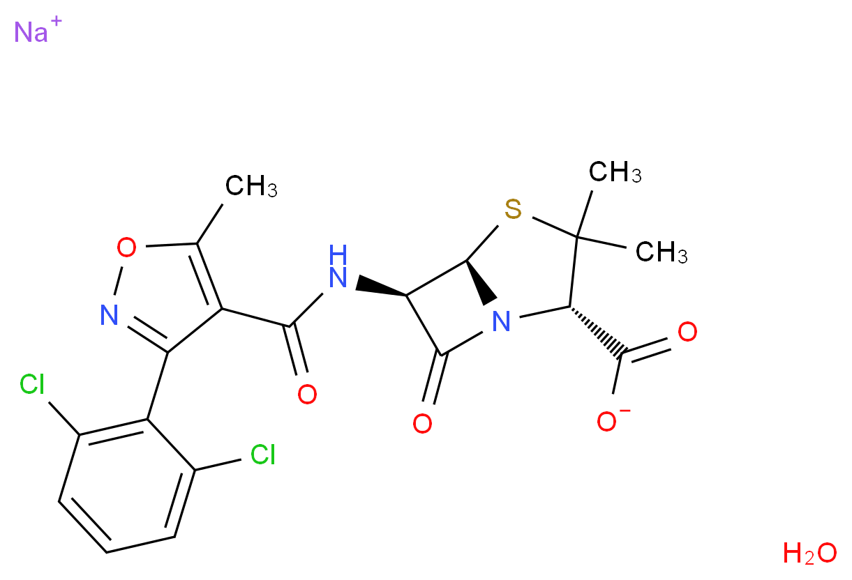 sodium (2S,5R,6R)-6-[3-(2,6-dichlorophenyl)-5-methyl-1,2-oxazole-4-amido]-3,3-dimethyl-7-oxo-4-thia-1-azabicyclo[3.2.0]heptane-2-carboxylate hydrate_分子结构_CAS_13412-64-1