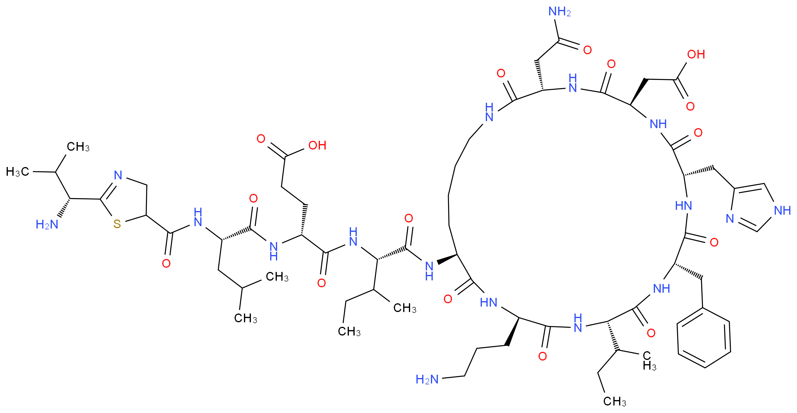 (4R)-4-[(2S)-2-({2-[(1R)-1-amino-2-methylpropyl]-4,5-dihydro-1,3-thiazol-5-yl}formamido)-4-methylpentanamido]-4-{[(1S)-1-{[(3S,6R,9S,12S,15S,18R,21S)-18-(3-aminopropyl)-12-benzyl-15-(butan-2-yl)-3-(carbamoylmethyl)-6-(carboxymethyl)-9-(1H-imidazol-4-ylmethyl)-2,5,8,11,14,17,20-heptaoxo-1,4,7,10,13,16,19-heptaazacyclopentacosan-21-yl]carbamoyl}-2-methylbutyl]carbamoyl}butanoic acid_分子结构_CAS_1405-87-4