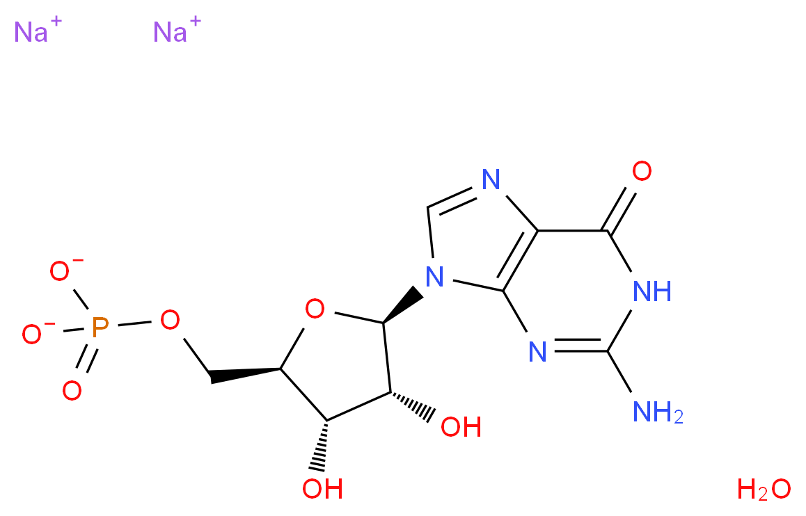 disodium hydrate [(2R,3S,4R,5R)-5-(2-amino-6-oxo-6,9-dihydro-1H-purin-9-yl)-3,4-dihydroxyoxolan-2-yl]methyl phosphate_分子结构_CAS_5550-12-9