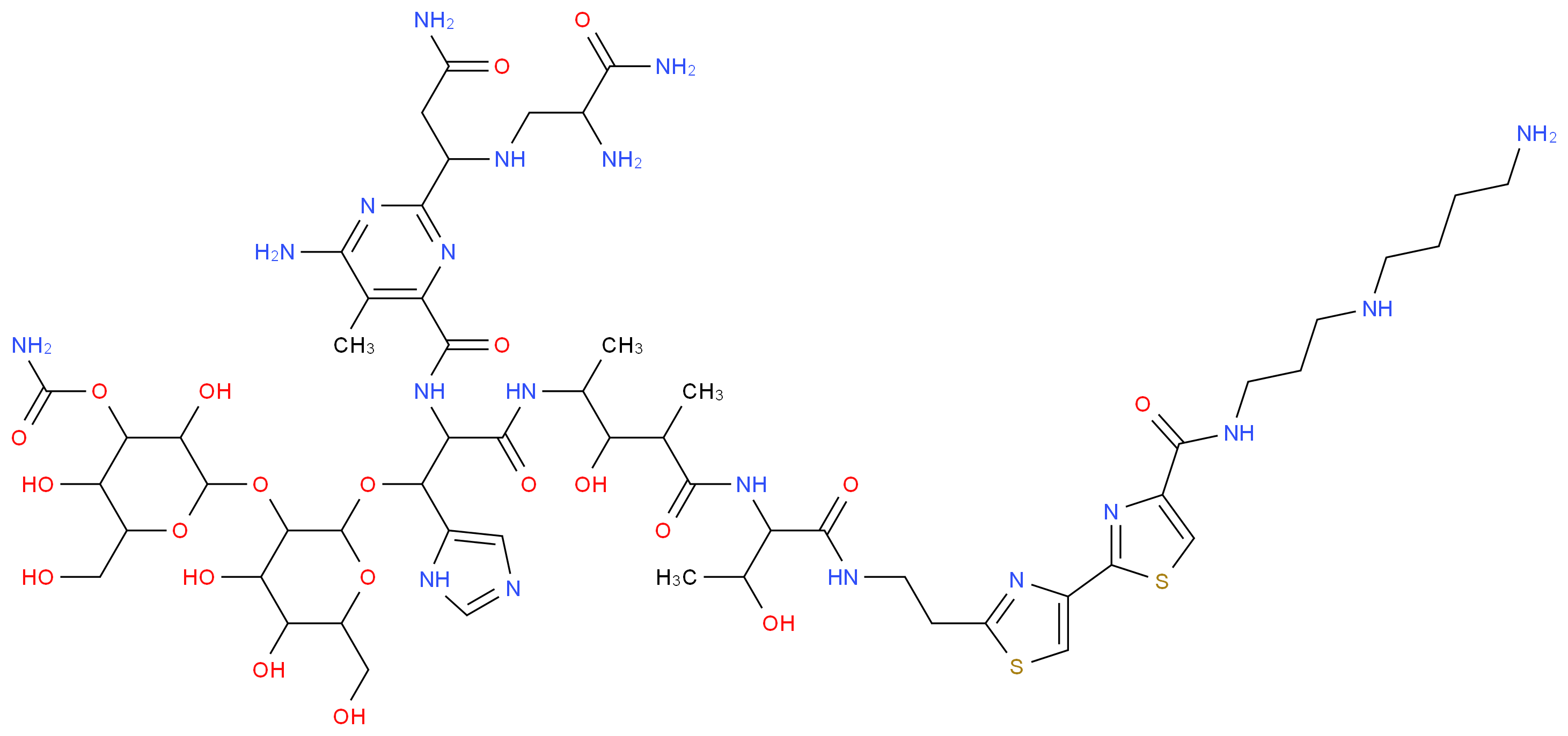 2-[(2-{2-[(6-amino-2-{1-[(2-amino-2-carbamoylethyl)amino]-2-carbamoylethyl}-5-methylpyrimidin-4-yl)formamido]-2-{[4-({1-[(2-{4-[4-({3-[(4-aminobutyl)amino]propyl}carbamoyl)-1,3-thiazol-2-yl]-1,3-thiazol-2-yl}ethyl)carbamoyl]-2-hydroxypropyl}carbamoyl)-3-hydroxy-4-methylbutan-2-yl]carbamoyl}-1-(1H-imidazol-5-yl)ethoxy}-4,5-dihydroxy-6-(hydroxymethyl)oxan-3-yl)oxy]-3,5-dihydroxy-6-(hydroxymethyl)oxan-4-yl carbamate_分子结构_CAS_11116-32-8