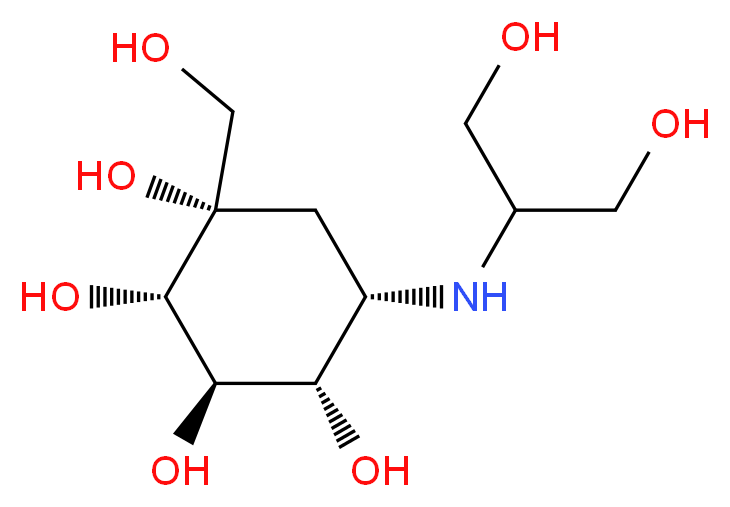 (1S,2S,3R,4S,5S)-5-[(1,3-dihydroxypropan-2-yl)amino]-1-(hydroxymethyl)cyclohexane-1,2,3,4-tetrol_分子结构_CAS_83480-29-9