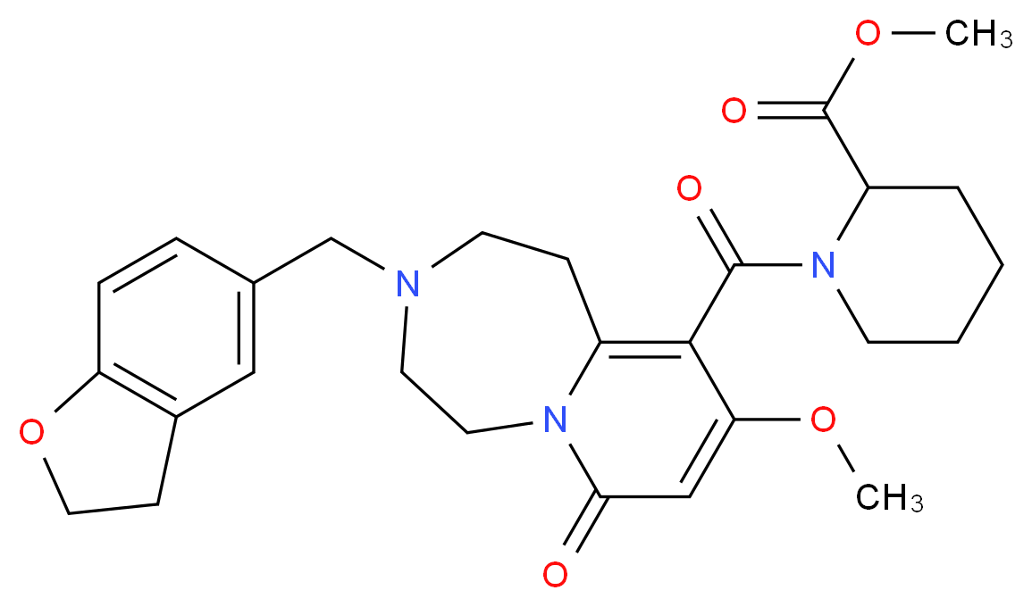 methyl 1-{[3-(2,3-dihydro-1-benzofuran-5-ylmethyl)-9-methoxy-7-oxo-1,2,3,4,5,7-hexahydropyrido[1,2-d][1,4]diazepin-10-yl]carbonyl}-2-piperidinecarboxylate_分子结构_CAS_)