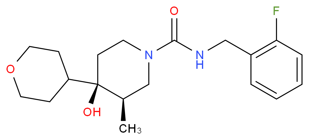 (3R*,4R*)-N-(2-fluorobenzyl)-4-hydroxy-3-methyl-4-(tetrahydro-2H-pyran-4-yl)-1-piperidinecarboxamide_分子结构_CAS_)