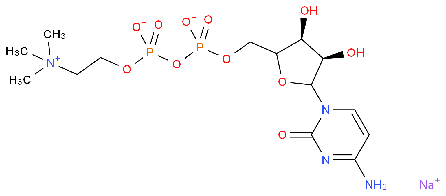 sodium 2-(trimethylazaniumyl)ethyl ({[(3S,4R)-5-(4-amino-2-oxo-1,2-dihydropyrimidin-1-yl)-3,4-dihydroxyoxolan-2-yl]methyl phosphonato}oxy)phosphonate_分子结构_CAS_33818-15-4(anhydrous)