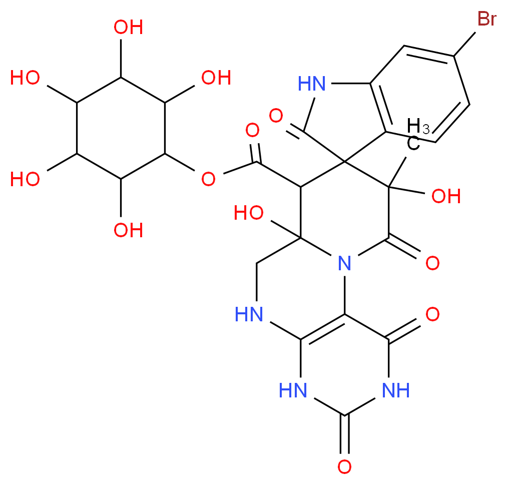 2,3,4,5,6-pentahydroxycyclohexyl 6-bromo-6'a,9'-dihydroxy-9'-methyl-1',2,3',10'-tetraoxo-1,1',2,2',3',4',5',6',6'a,7',9',10'-dodecahydrospiro[indole-3,8'-pyrido[1,2-f]pteridine]-7'-carboxylate_分子结构_CAS_40957-92-4