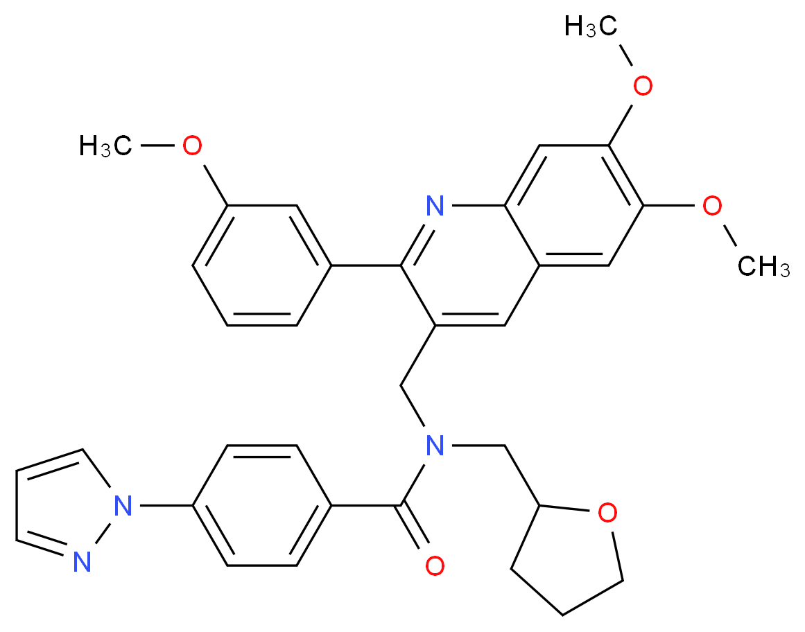 N-{[6,7-dimethoxy-2-(3-methoxyphenyl)-3-quinolinyl]methyl}-4-(1H-pyrazol-1-yl)-N-(tetrahydro-2-furanylmethyl)benzamide_分子结构_CAS_)
