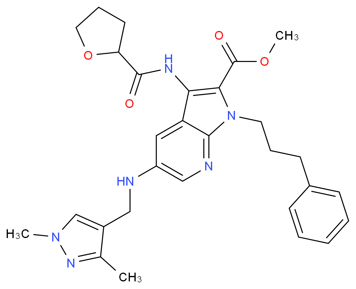 methyl 5-{[(1,3-dimethyl-1H-pyrazol-4-yl)methyl]amino}-1-(3-phenylpropyl)-3-[(tetrahydro-2-furanylcarbonyl)amino]-1H-pyrrolo[2,3-b]pyridine-2-carboxylate_分子结构_CAS_)
