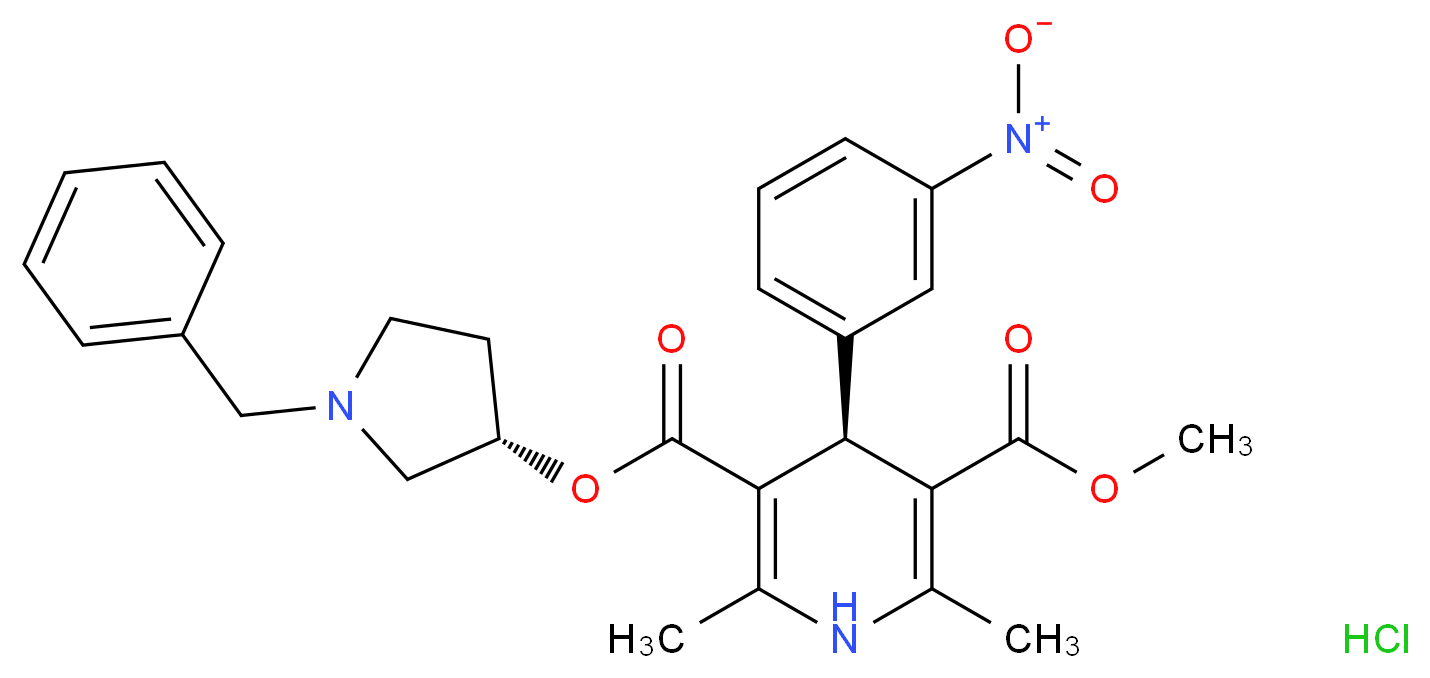 3-(3S)-1-benzylpyrrolidin-3-yl 5-methyl (4S)-2,6-dimethyl-4-(3-nitrophenyl)-1,4-dihydropyridine-3,5-dicarboxylate hydrochloride_分子结构_CAS_104757-53-1