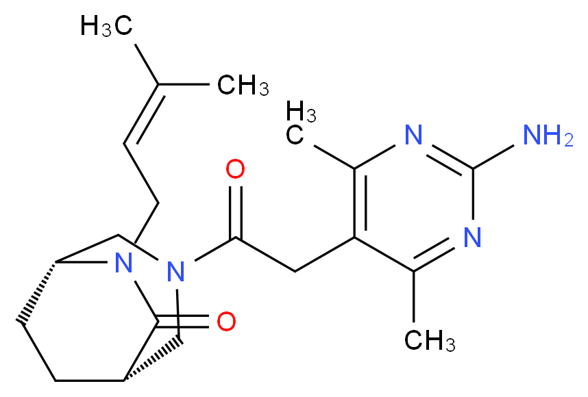 (1S*,5R*)-3-[(2-amino-4,6-dimethylpyrimidin-5-yl)acetyl]-6-(3-methylbut-2-en-1-yl)-3,6-diazabicyclo[3.2.2]nonan-7-one_分子结构_CAS_)
