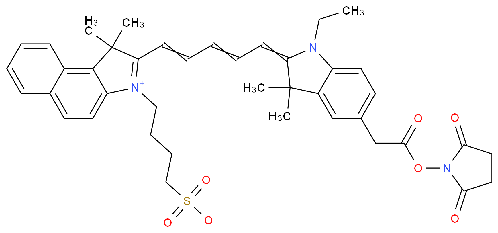 2-[5-(5-{2-[(2,5-dioxopyrrolidin-1-yl)oxy]-2-oxoethyl}-1-ethyl-3,3-dimethyl-2,3-dihydro-1H-indol-2-ylidene)penta-1,3-dien-1-yl]-1,1-dimethyl-3-(4-sulfonatobutyl)-1H-benzo[e]indol-3-ium_分子结构_CAS_167638-53-1