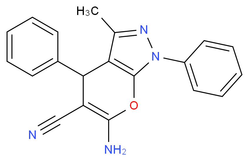 6-amino-3-methyl-1,4-diphenyl-1H,4H-pyrano[2,3-c]pyrazole-5-carbonitrile_分子结构_CAS_53316-57-7