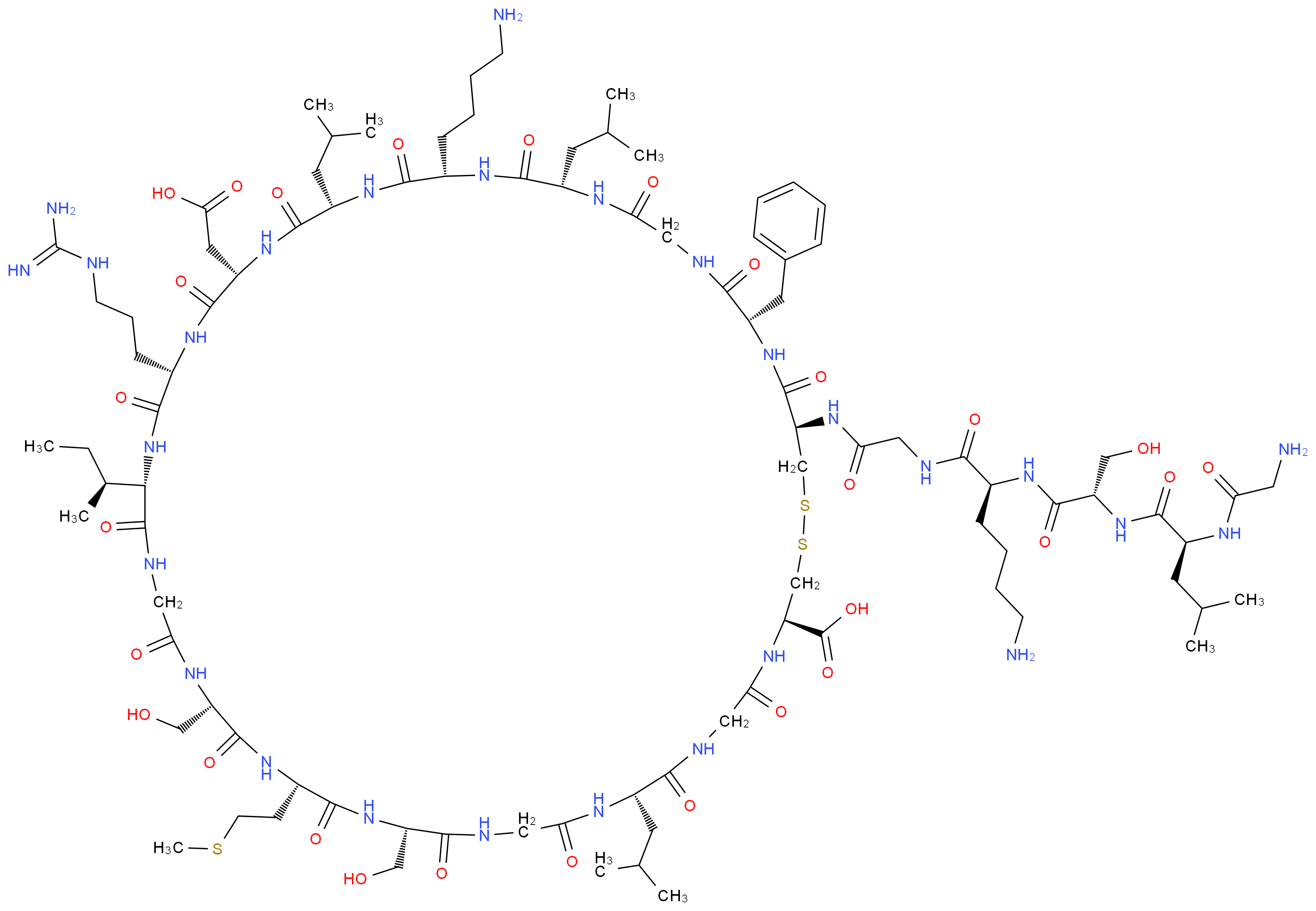 (4R,10S,16S,19S,22S,28S,31S,34S,37S,40S,43S,49S,52R)-52-{2-[(2S)-6-amino-2-[(2S)-2-[(2S)-2-(2-aminoacetamido)-4-methylpentanamido]-3-hydroxypropanamido]hexanamido]acetamido}-40-(4-aminobutyl)-49-benzyl-28-[(2S)-butan-2-yl]-31-(3-carbamimidamidopropyl)-34-(carboxymethyl)-16,22-bis(hydroxymethyl)-10,37,43-tris(2-methylpropyl)-19-[2-(methylsulfanyl)ethyl]-6,9,12,15,18,21,24,27,30,33,36,39,42,45,48,51-hexadecaoxo-1,2-dithia-5,8,11,14,17,20,23,26,29,32,35,38,41,44,47,50-hexadecaazacyclotripentacontane-4-carboxylic acid_分子结构_CAS_127869-51-6