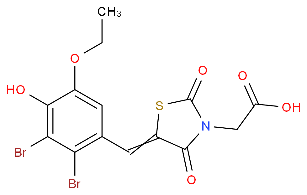 2-{5-[(2,3-dibromo-5-ethoxy-4-hydroxyphenyl)methylidene]-2,4-dioxo-1,3-thiazolidin-3-yl}acetic acid_分子结构_CAS_355400-87-2