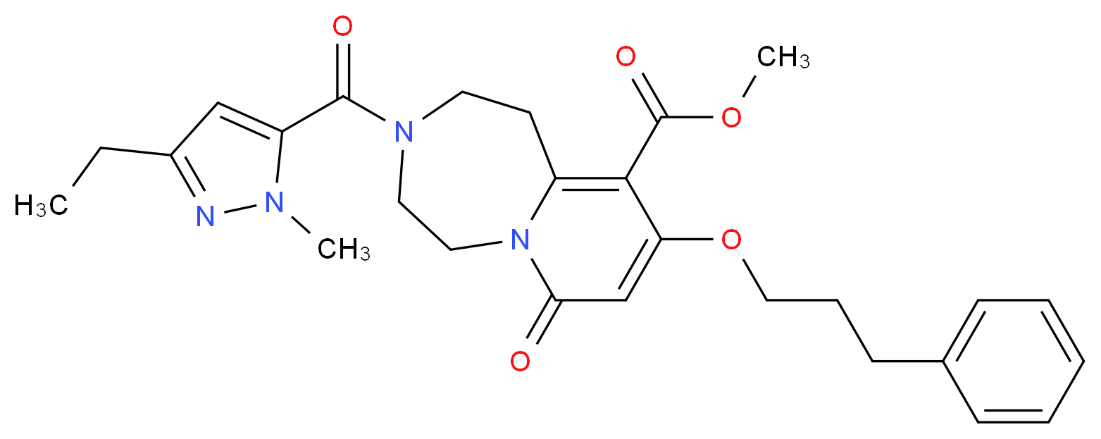 methyl 3-[(3-ethyl-1-methyl-1H-pyrazol-5-yl)carbonyl]-7-oxo-9-(3-phenylpropoxy)-1,2,3,4,5,7-hexahydropyrido[1,2-d][1,4]diazepine-10-carboxylate_分子结构_CAS_)