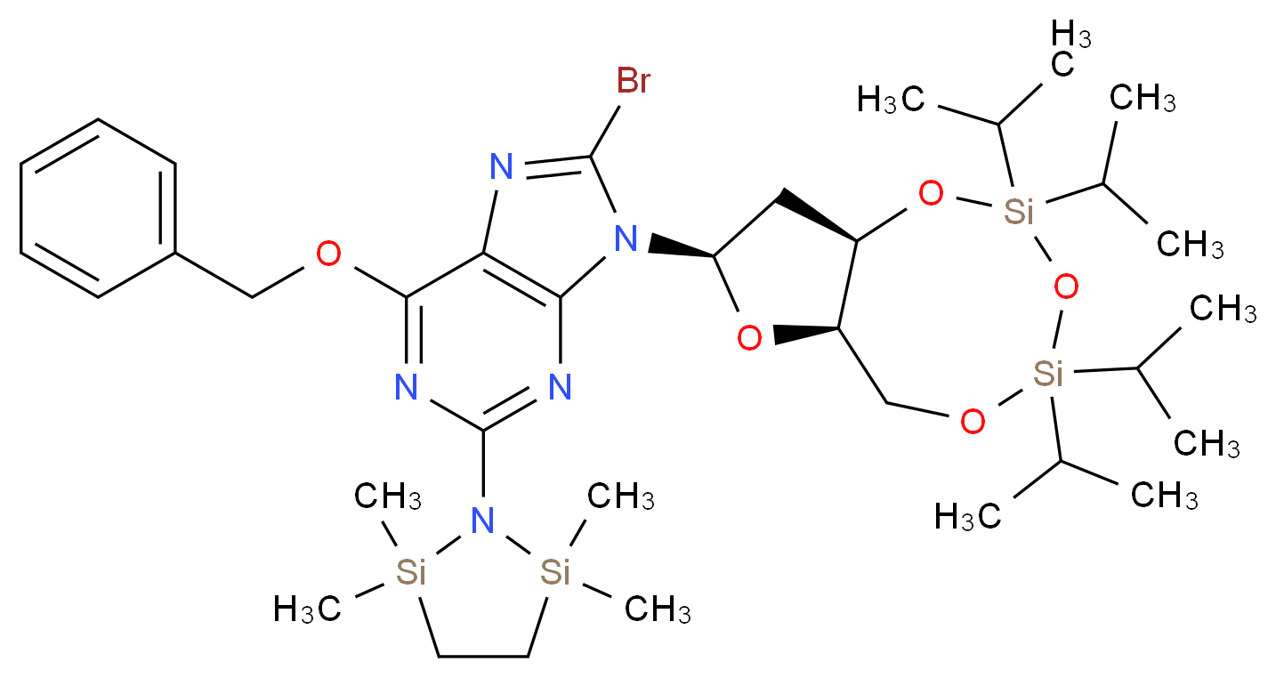 N2-(1,1,4,4-Tetramethyldisilylazacyclopentanyl)-O6-benzyl-8-bromo-N9-[3',5'-O-(1,1,3,3-tetrakis(isopropyl)-1,3-disiloxanediyl)-β-D-2'-deoxyribofuranosyl]guanine_分子结构_CAS_328394-28-1)