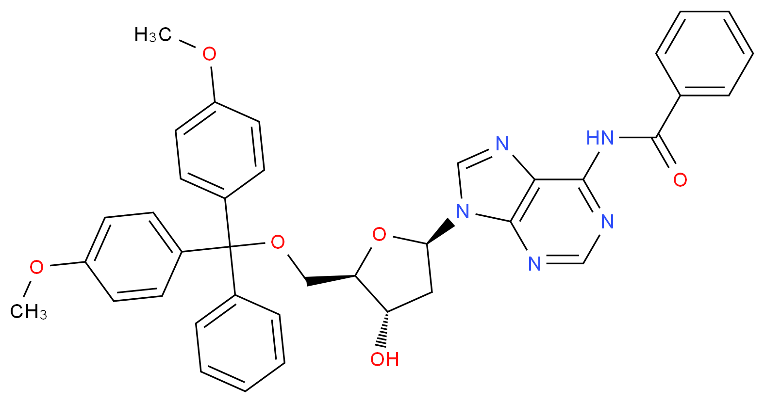 N6-苯甲酰基-5′-O-(4,4′-二甲氧基三苯基)-2′-脱氧腺苷_分子结构_CAS_64325-78-6)