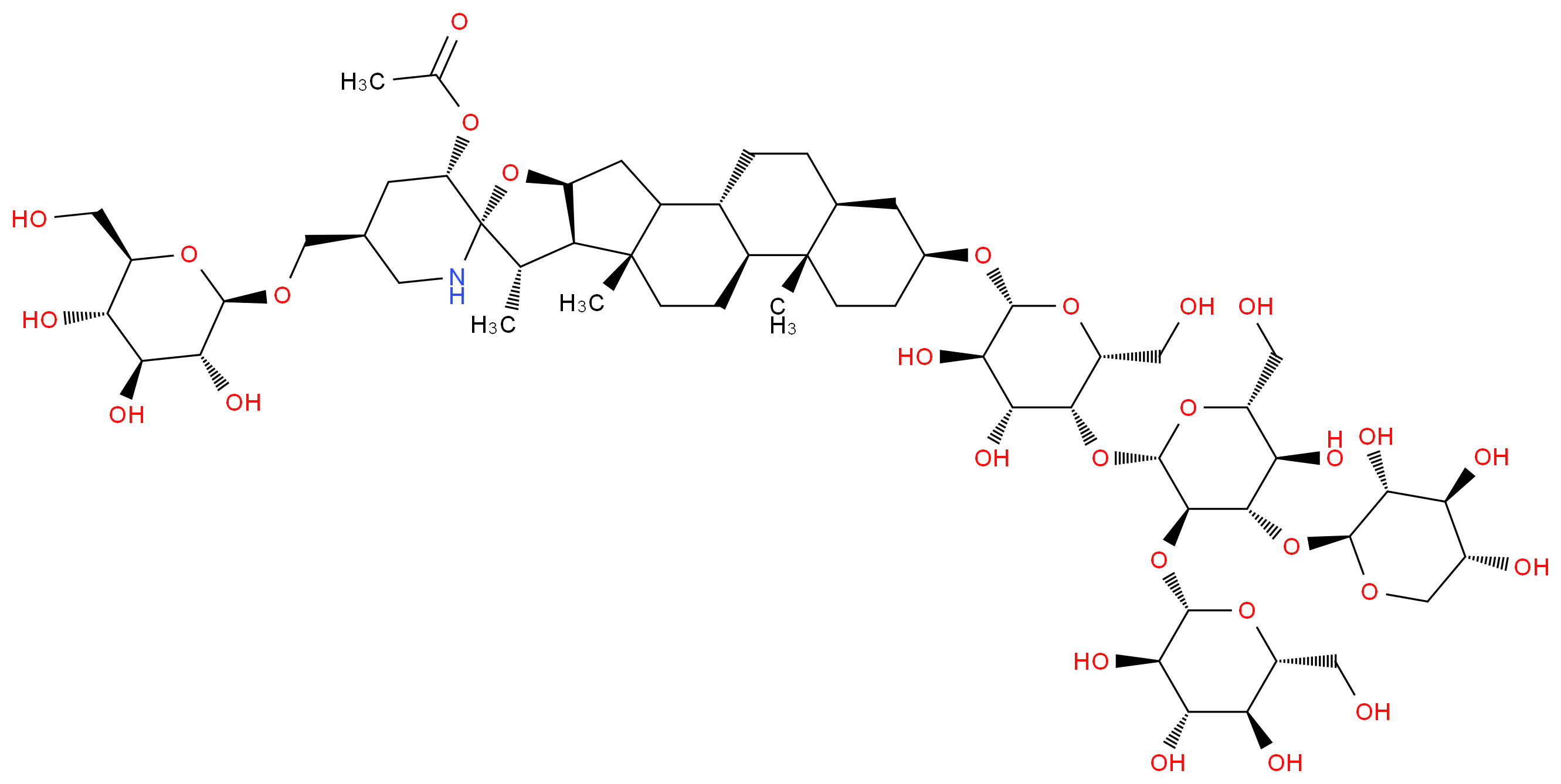 (1R,3'S,4S,5'S,6S,7S,8R,9S,12S,13S,16S,18S)-16-{[(2R,3R,4R,5R,6R)-3,4-dihydroxy-5-{[(2S,3R,4S,5R,6R)-5-hydroxy-6-(hydroxymethyl)-3-{[(2S,3R,4S,5S,6R)-3,4,5-trihydroxy-6-(hydroxymethyl)oxan-2-yl]oxy}-4-{[(2S,3R,4S,5R)-3,4,5-trihydroxyoxan-2-yl]oxy}oxan-2-yl]oxy}-6-(hydroxymethyl)oxan-2-yl]oxy}-7,9,13-trimethyl-5'-({[(2R,3R,4S,5S,6R)-3,4,5-trihydroxy-6-(hydroxymethyl)oxan-2-yl]oxy}methyl)-5-oxaspiro[pentacyclo[10.8.0.0<sup>2</sup>,<sup>9</sup>.0<sup>4</sup>,<sup>8</sup>.0<sup>1</sup><sup>3</sup>,<sup>1</sup><sup>8</sup>]icosane-6,2'-piperidine]-3'-yl acetate_分子结构_CAS_532387-86-3