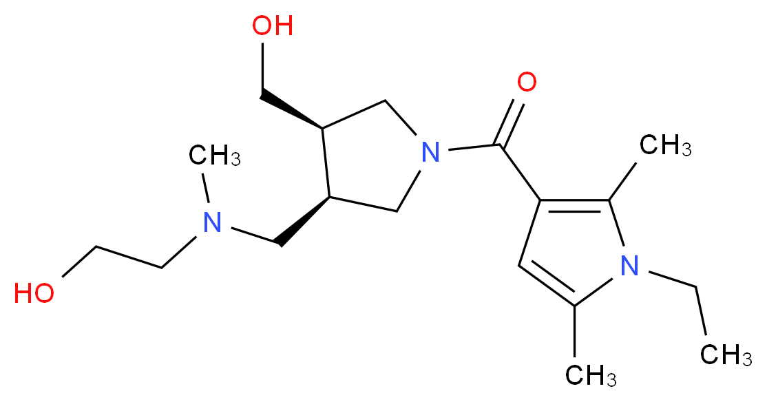 2-[{[(3R*,4R*)-1-[(1-ethyl-2,5-dimethyl-1H-pyrrol-3-yl)carbonyl]-4-(hydroxymethyl)pyrrolidin-3-yl]methyl}(methyl)amino]ethanol_分子结构_CAS_)