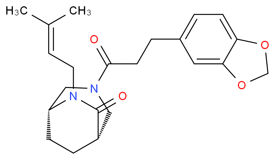 (1S*,5R*)-3-[3-(1,3-benzodioxol-5-yl)propanoyl]-6-(3-methylbut-2-en-1-yl)-3,6-diazabicyclo[3.2.2]nonan-7-one_分子结构_CAS_)